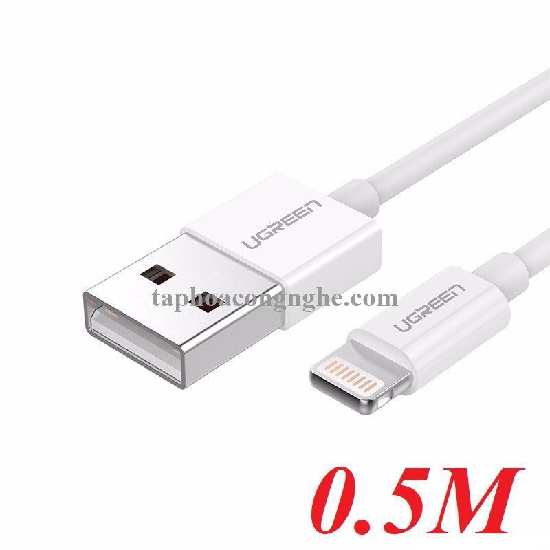 Ugreen 80313 50CM màu trắng cáp Lightning ra Usb 0.5M mạ nickel chống nhiễu có chíp MFI chính hãng US155 30080313
